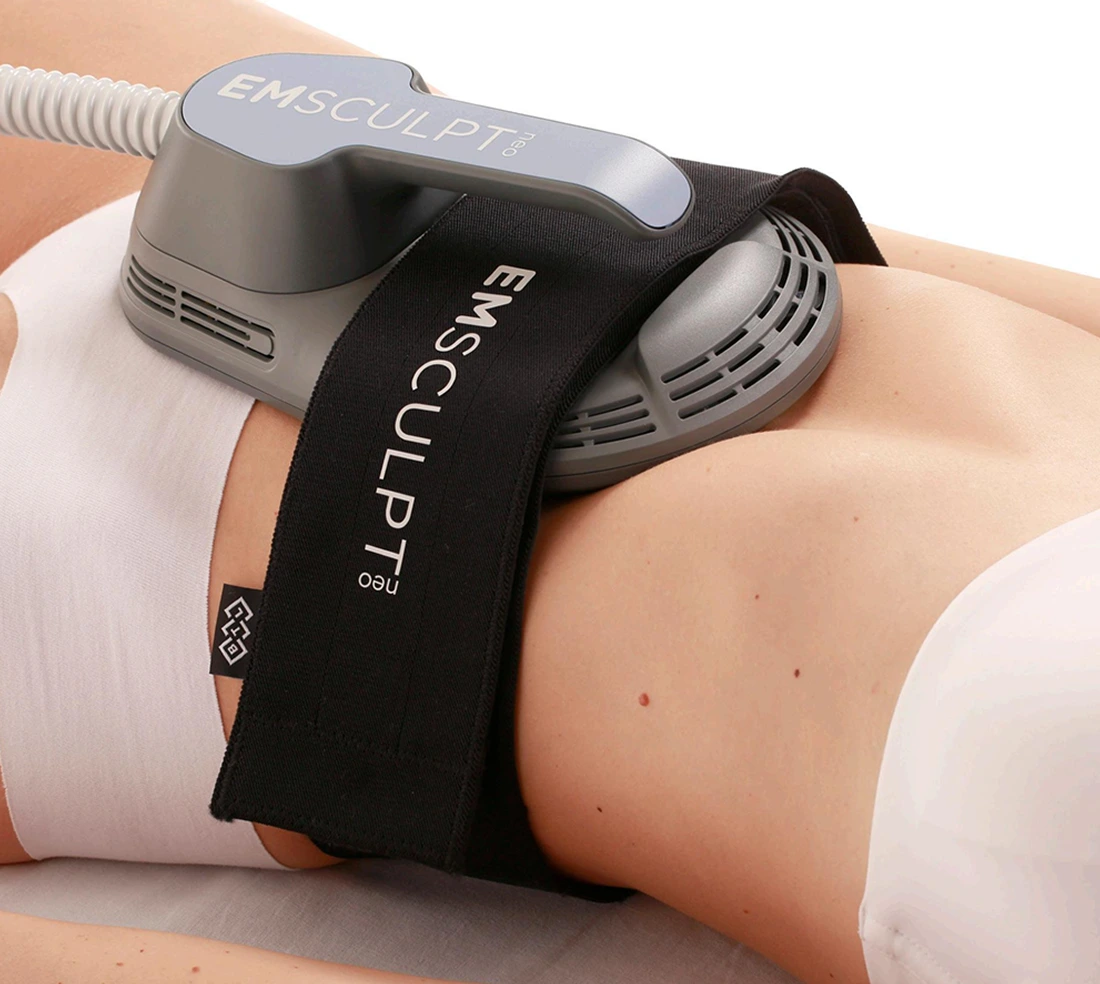 Illustration showing how Emsculpt Neo combines fat reduction and muscle building in one session.